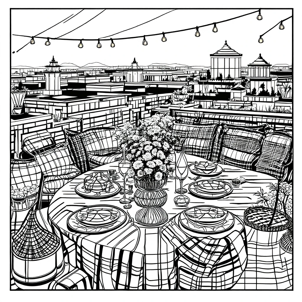 Black-and-white rooftop dinner scene with table settings, cushions, string lights and flowers detailed coloring page, kids' coloring page, printable coloring page, coloring sheets, summer coloring