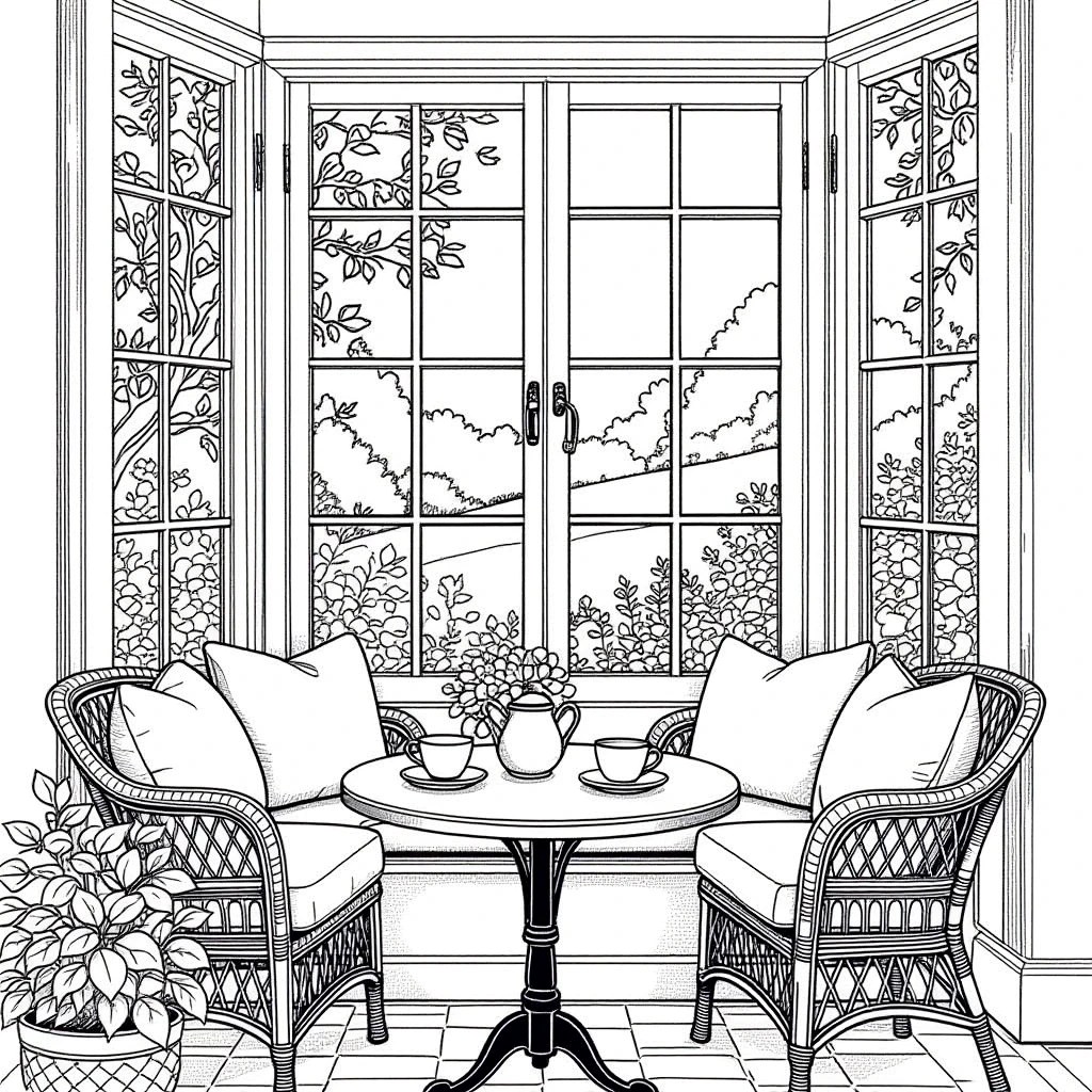 Black-and-white cozy window nook coloring page with wicker chairs, table, teacups, potted plant, and a leafy landscape outside detailed coloring page, kids' coloring page, printable coloring page