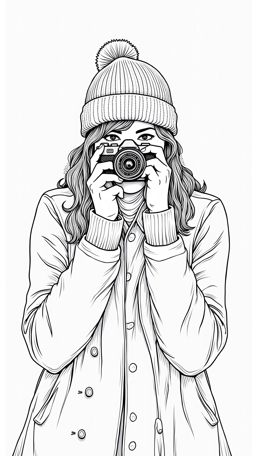 Black-and-white line art of a girl wearing a beanie and coat holding a camera up to her face, perfect for detailed coloring page, kids' coloring page, printable coloring page and coloring sheets.