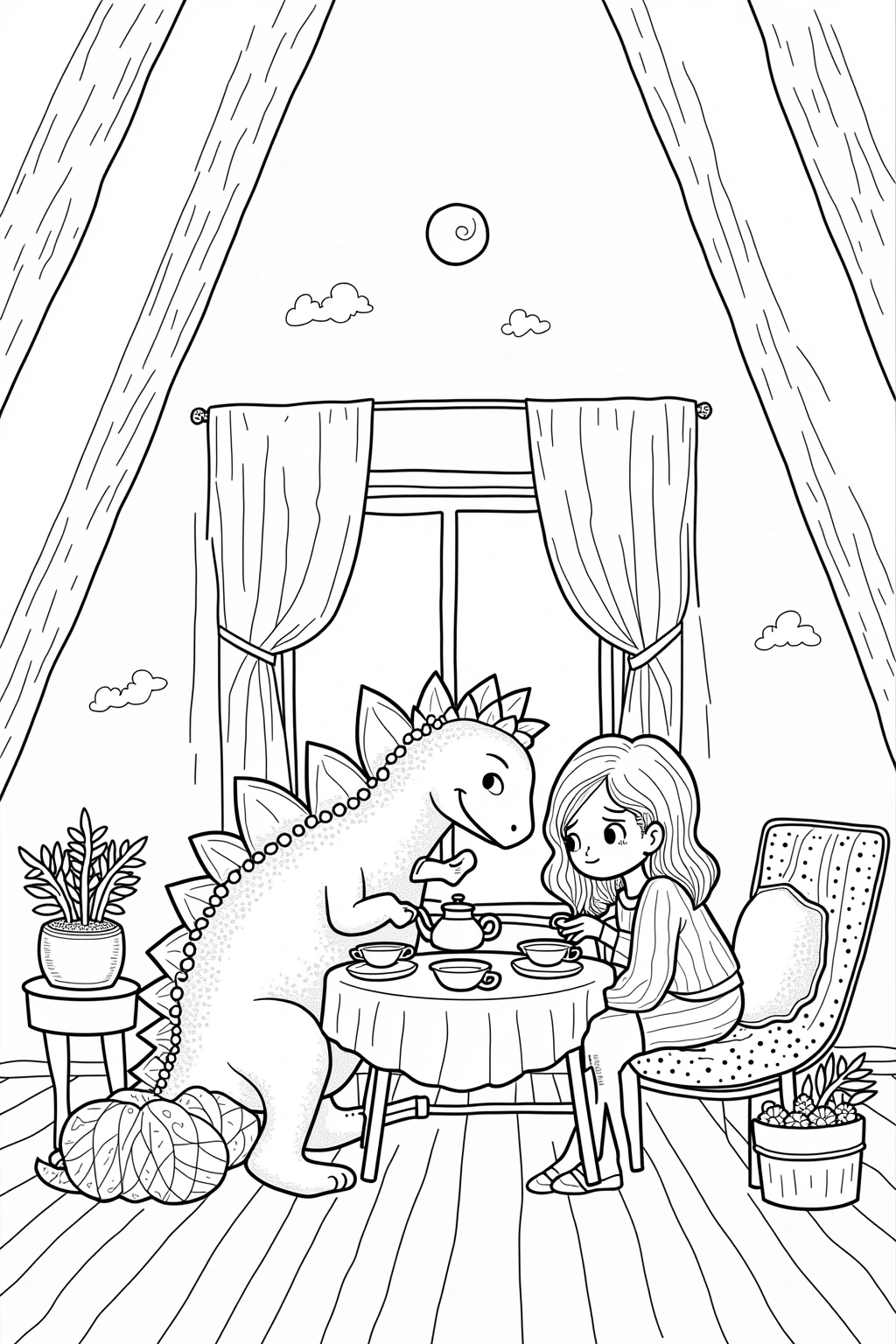 Black and white coloring page of girl sits at a small tea table with a friendly dinosaur in a cozy room with curtains, plants, and pumpkins
