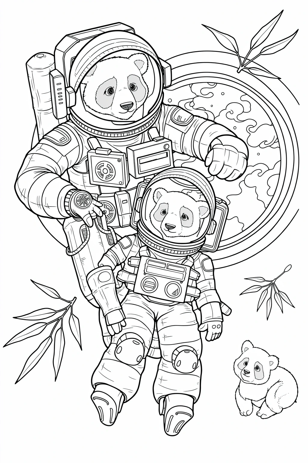 Black and white coloring page of two cute pandas in astronaut suits floating in space, with a small panda cub and decorative leaves around them