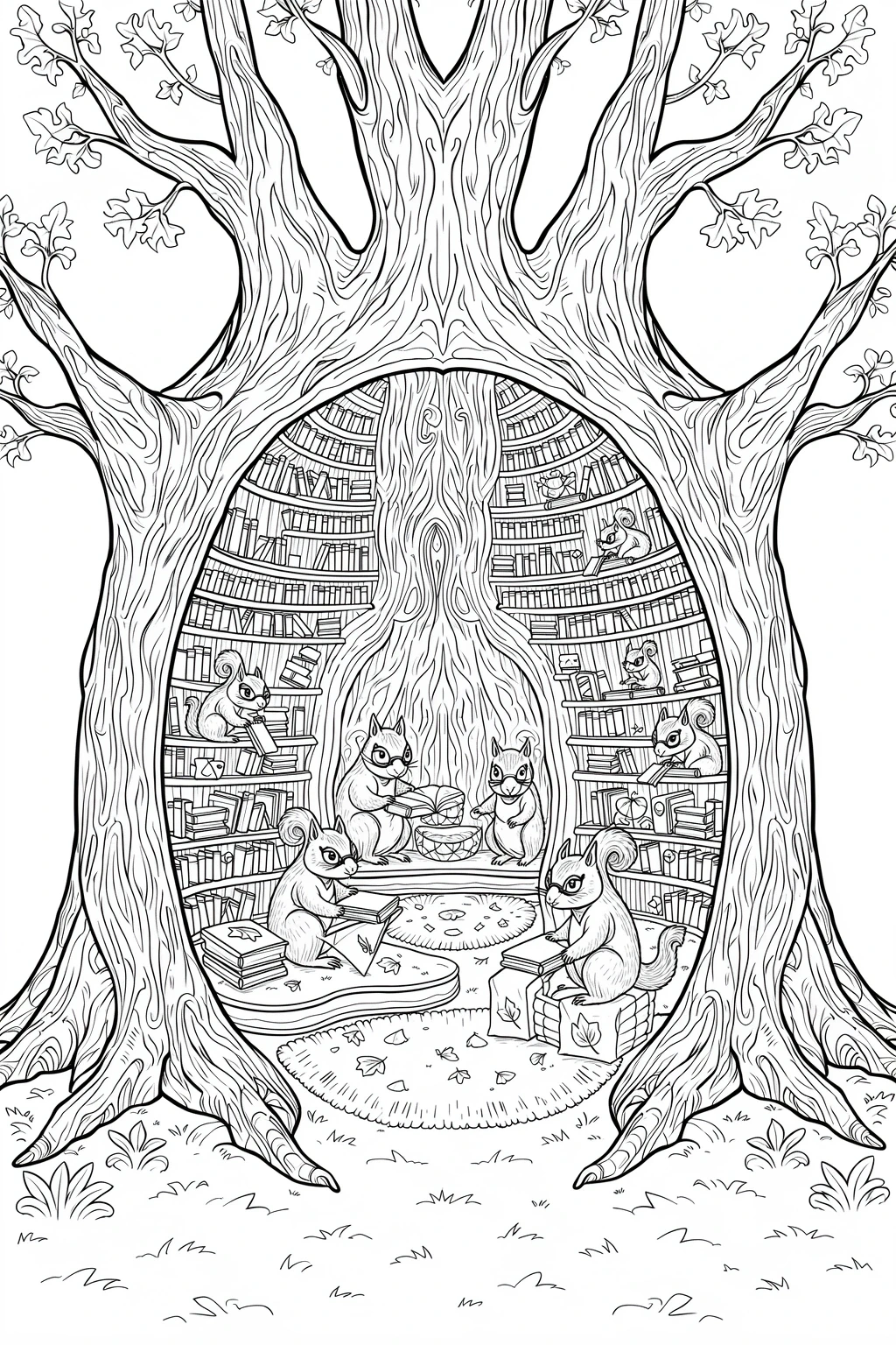 Detailed coloring page of several squirrels reading books inside a tree-shaped library with shelves of books and large tree trunks.