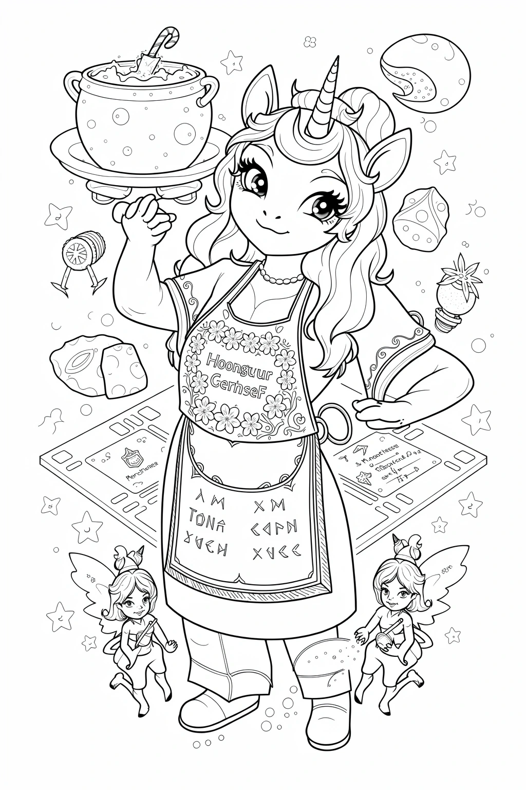 A cute unicorn girl baker holding a tray with a steaming pot, surrounded by sweets and small fairy characters in a detailed line art coloring page.