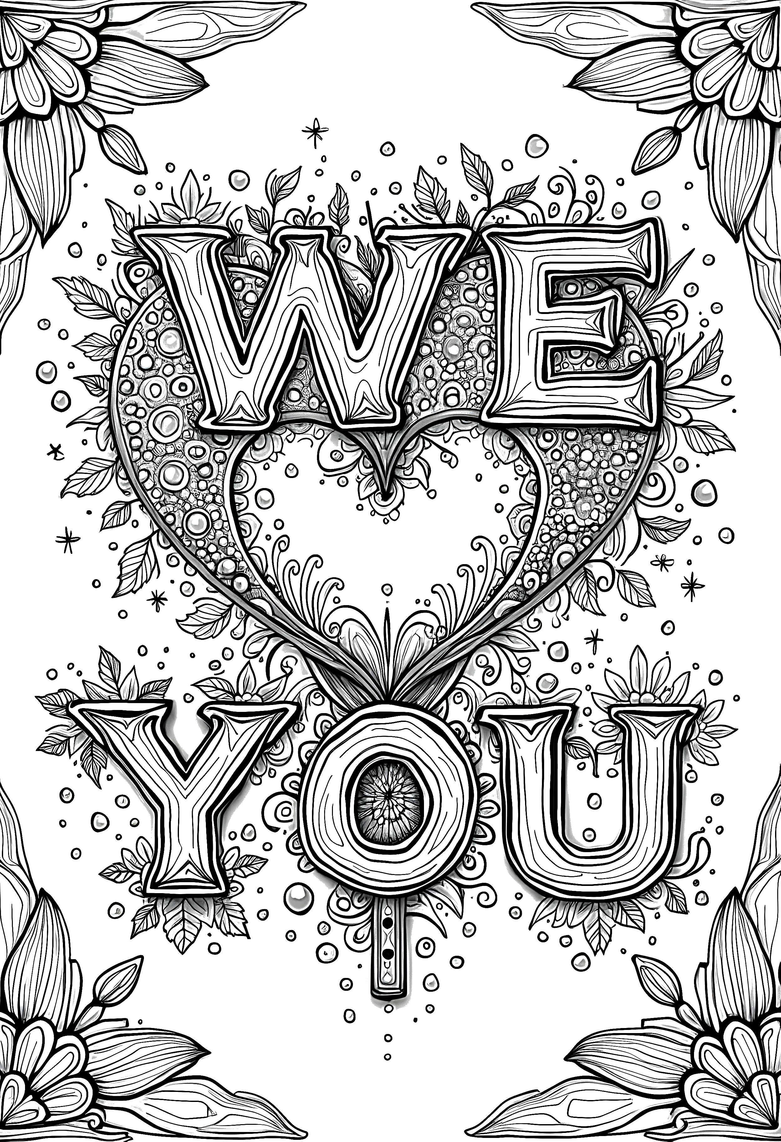 Ornate coloring page with the words We Love You inside a heart made of decorative floral patterns and surrounded by flowers and leaves.