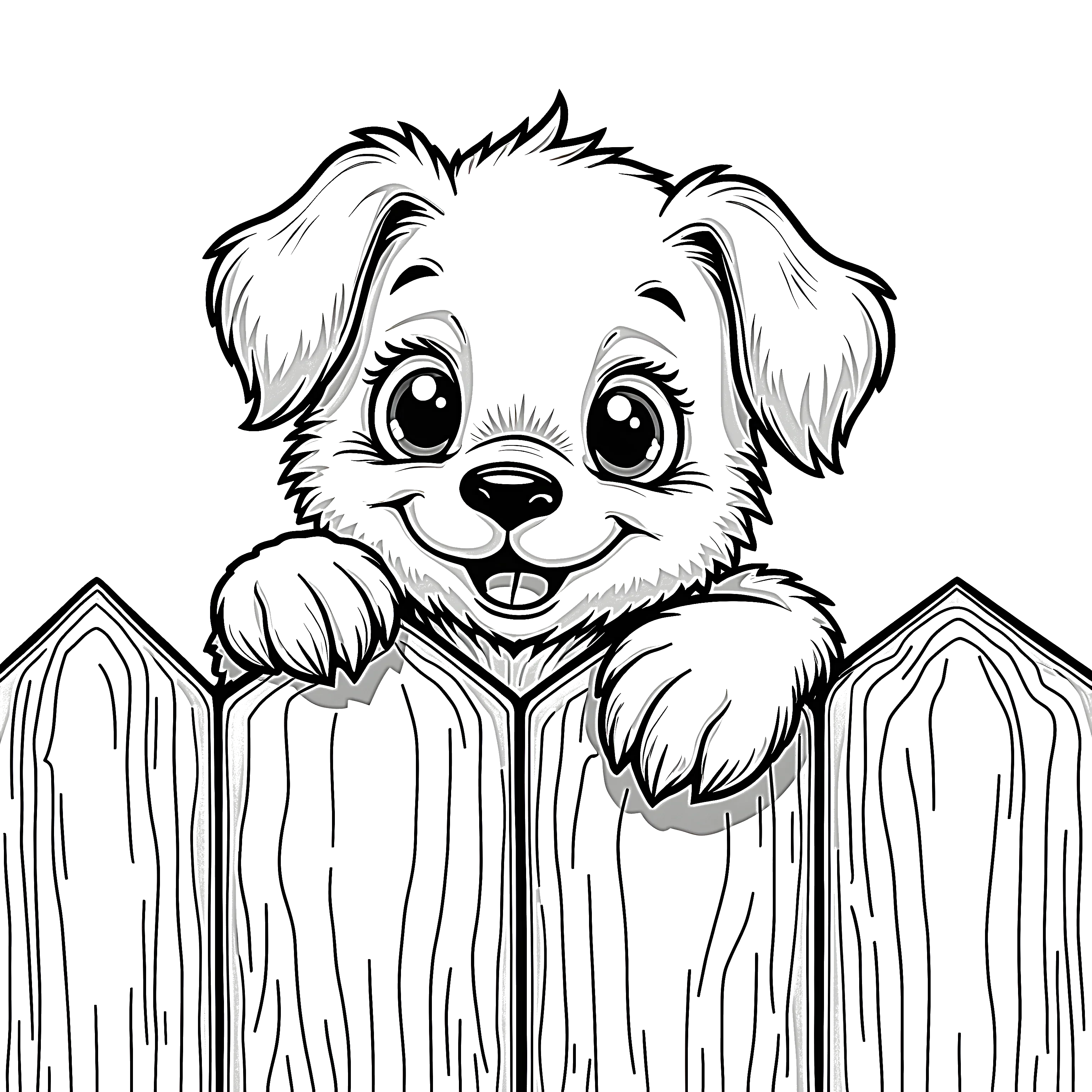 Cute puppy peeking over a wooden fence with big eyes and floppy ears coloring page