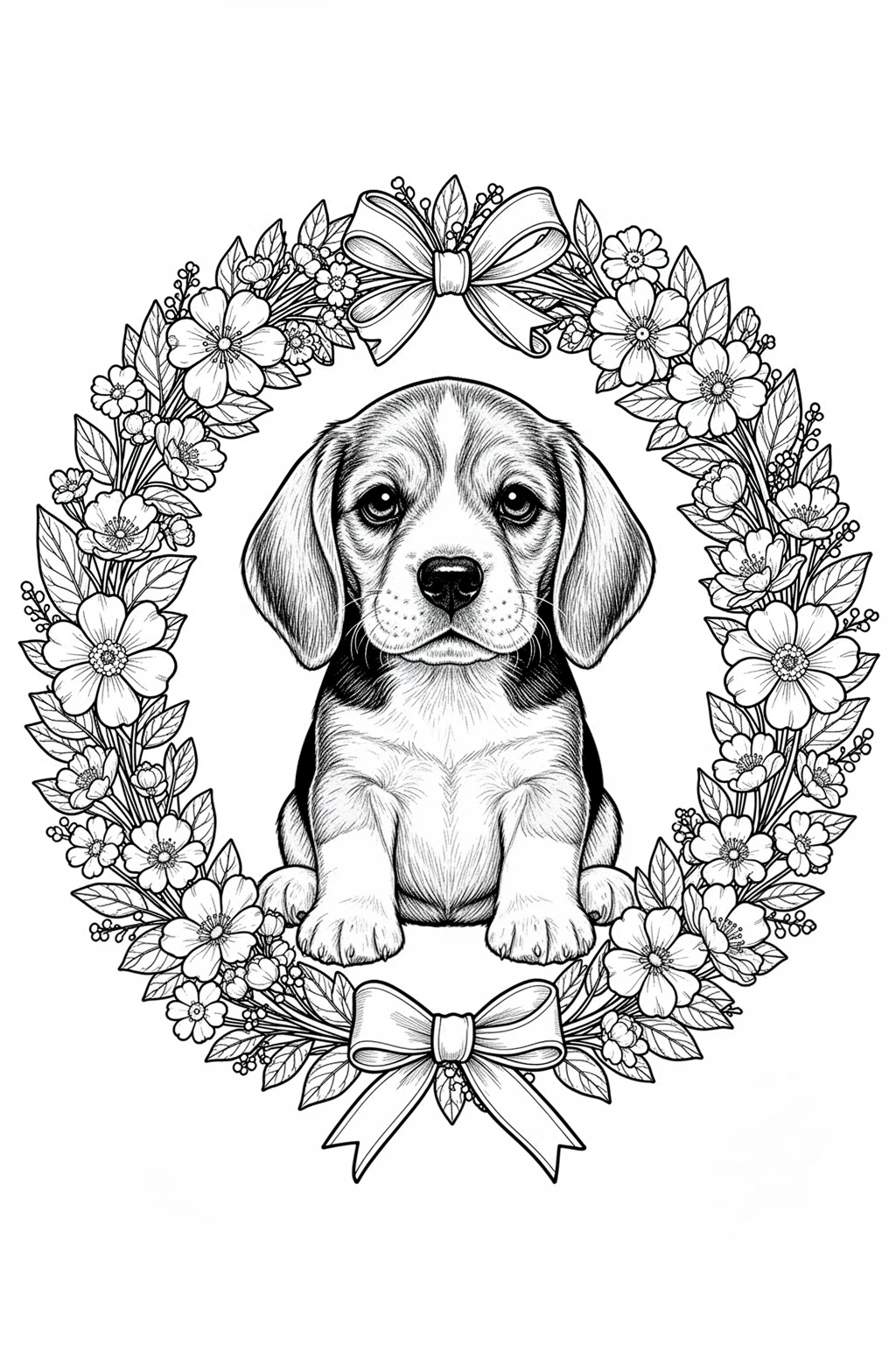 Beagle in a spring flower wreath coloring page.