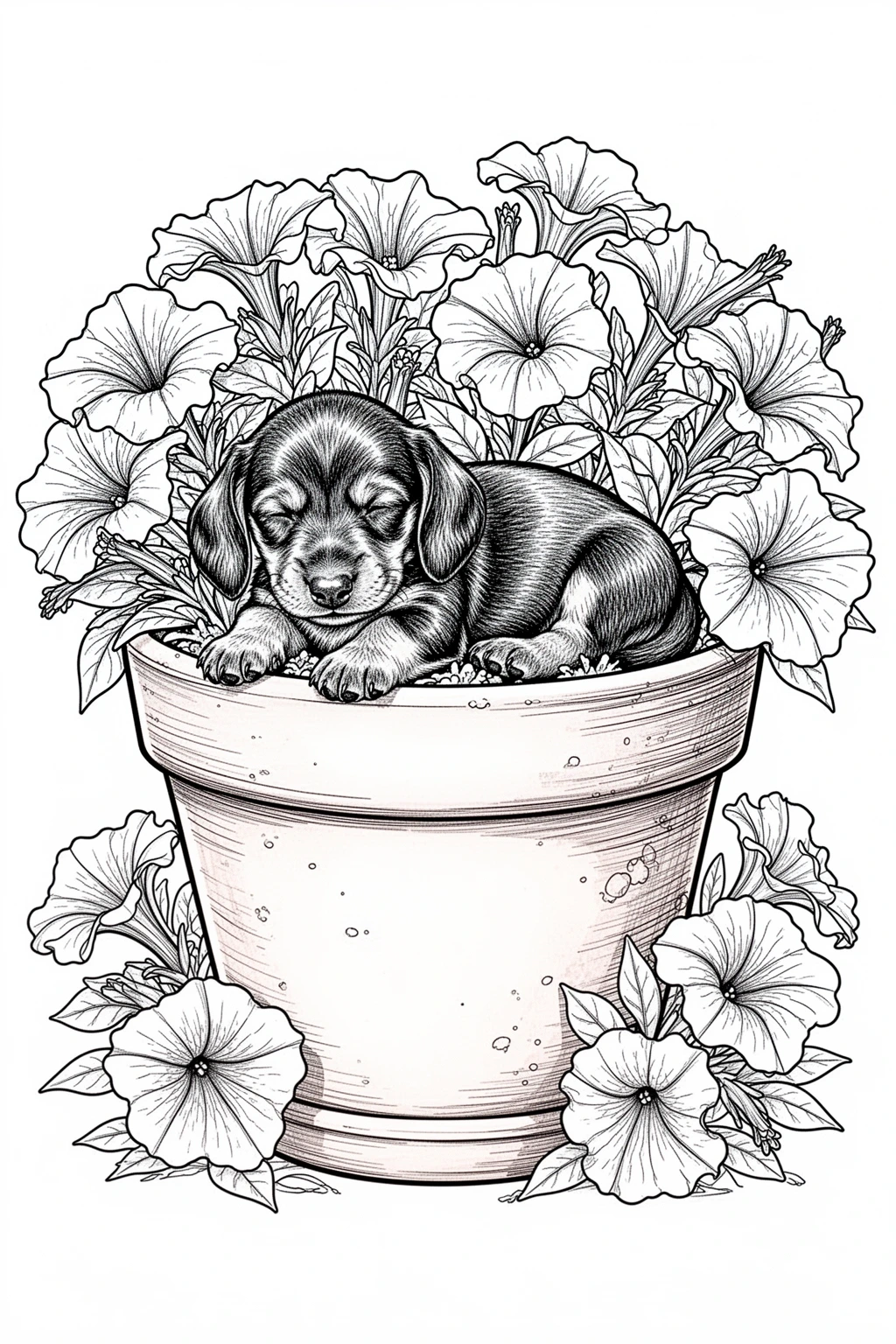 Free Dachshund puppy sleeping in a flower pot coloring page.