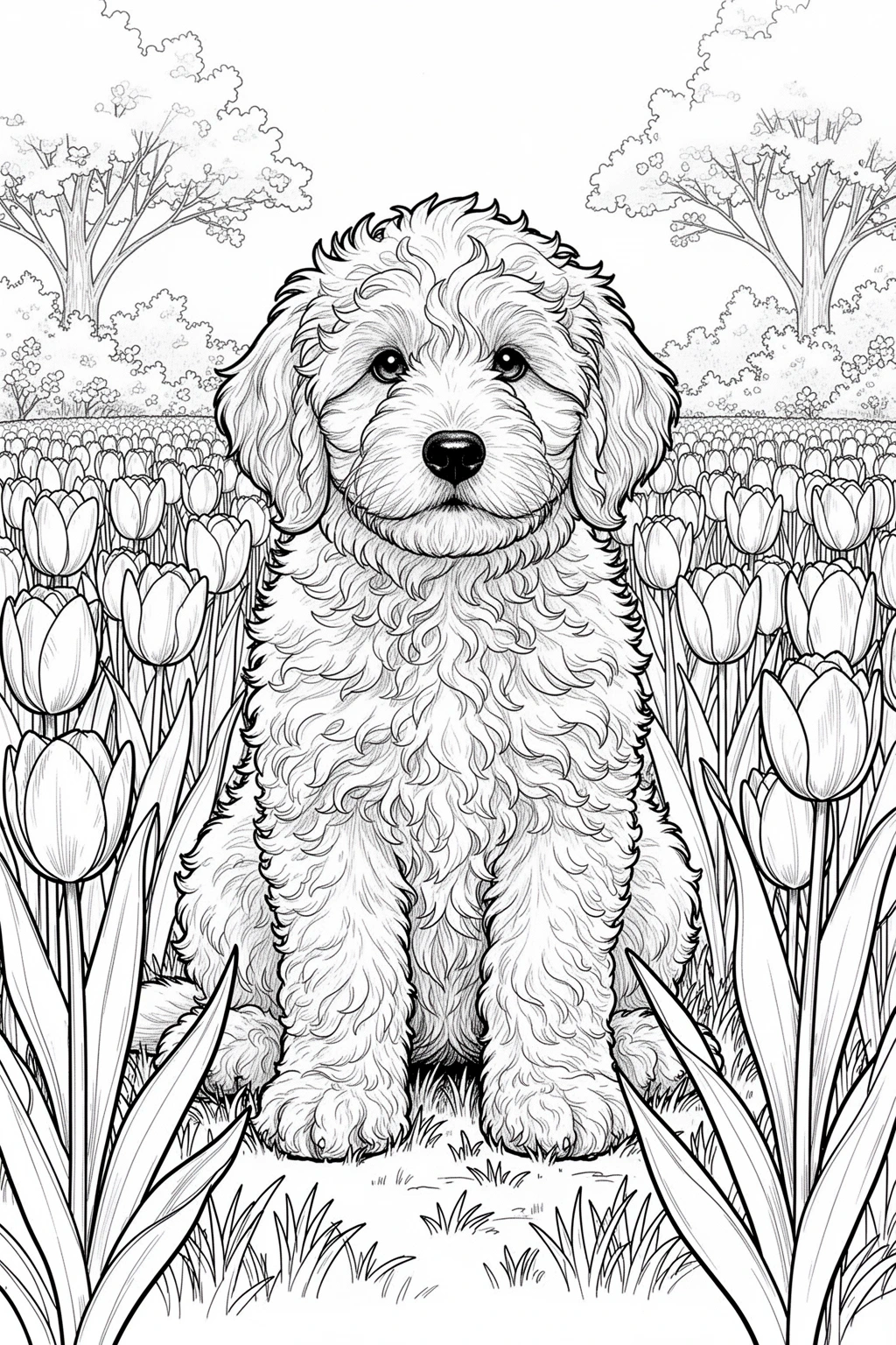 Black and white coloring page of color this fluffy Goldendoodle sitting in a sea of spring tulips