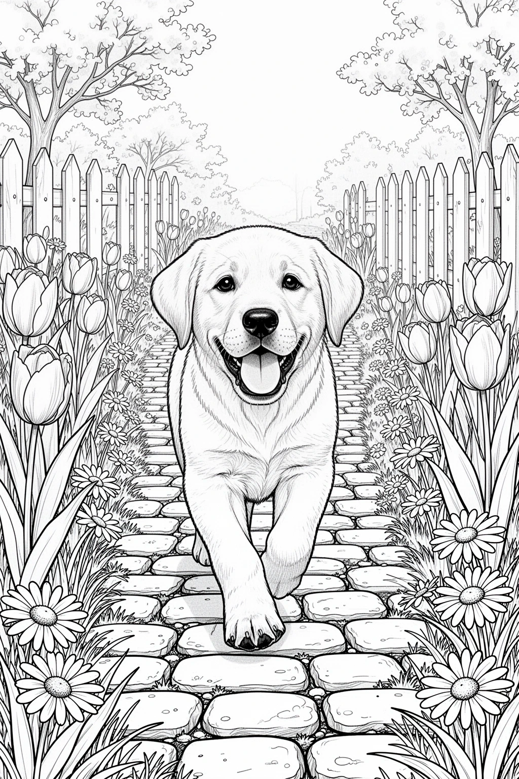 Labrador puppy walking along a blooming spring garden path coloring page.