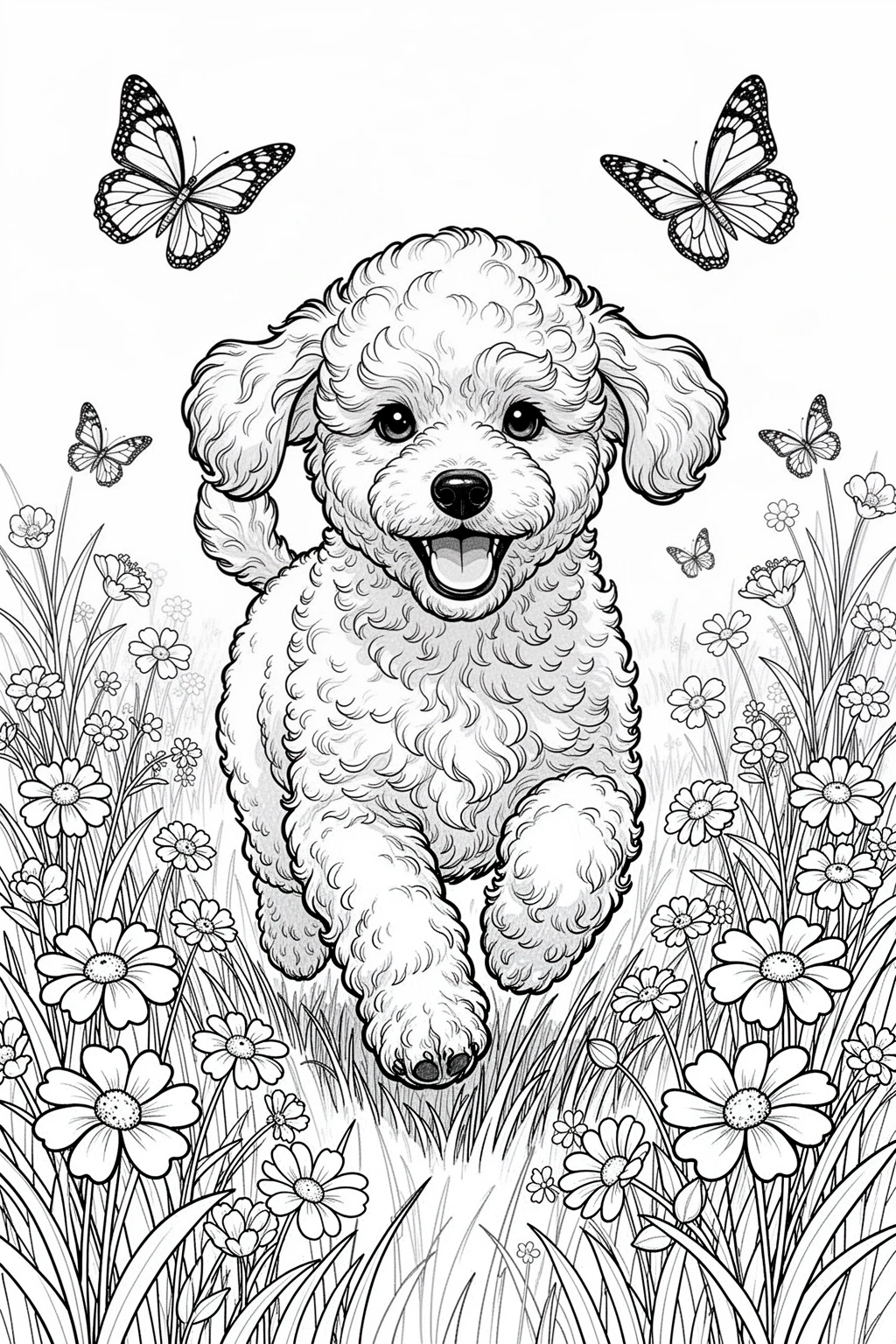 Poodle puppy running through a spring meadow coloring page.