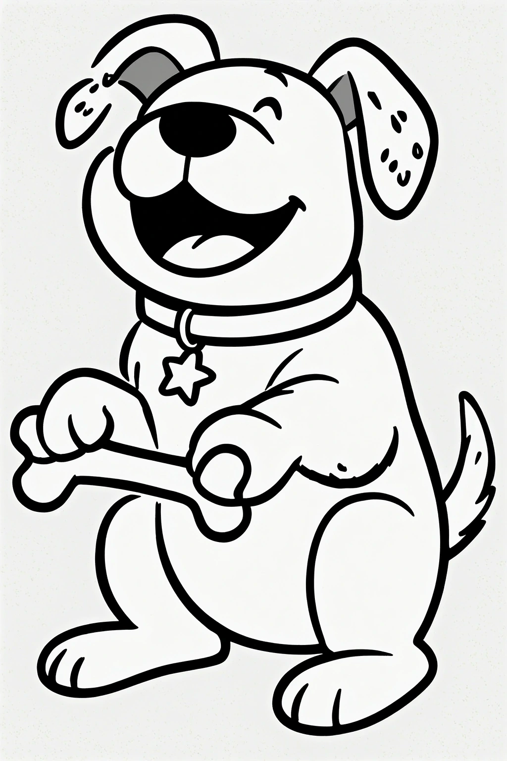 Cute puppy holding a bone in a simple black-and-white line drawing, perfect for detailed coloring page, kids' coloring page, a printable coloring page, and coloring sheets. Great for animal coloring