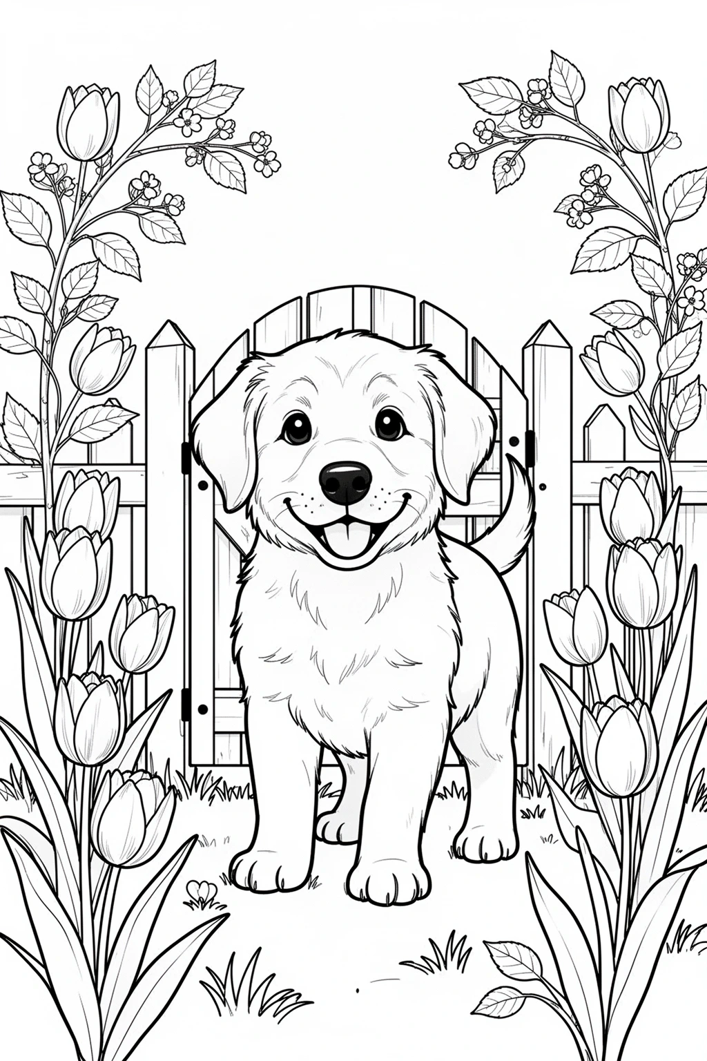 Black-and-white coloring page of puppy tulip garden coloring page.