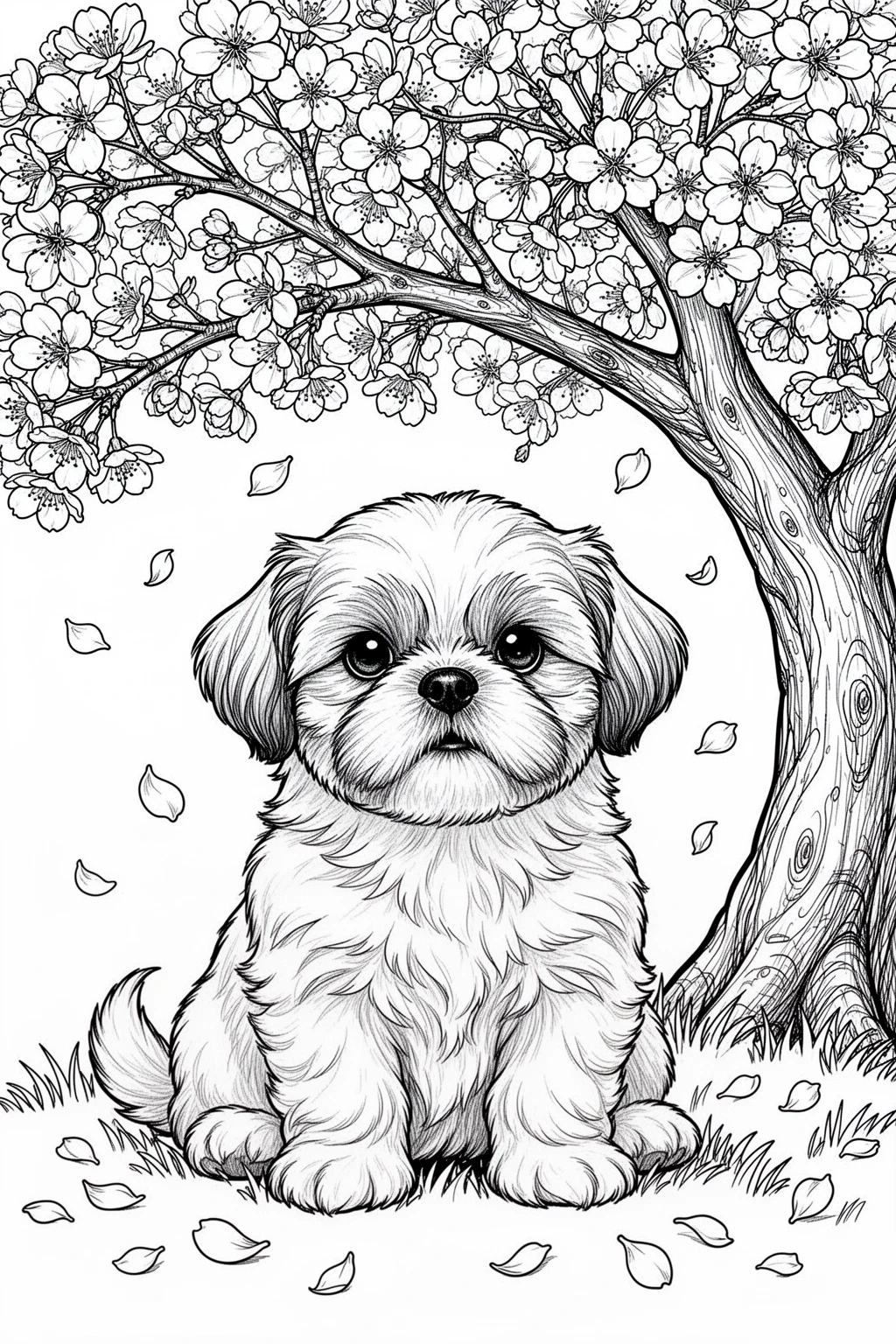Shih Tzu under blooming cherry blossoms coloring page.