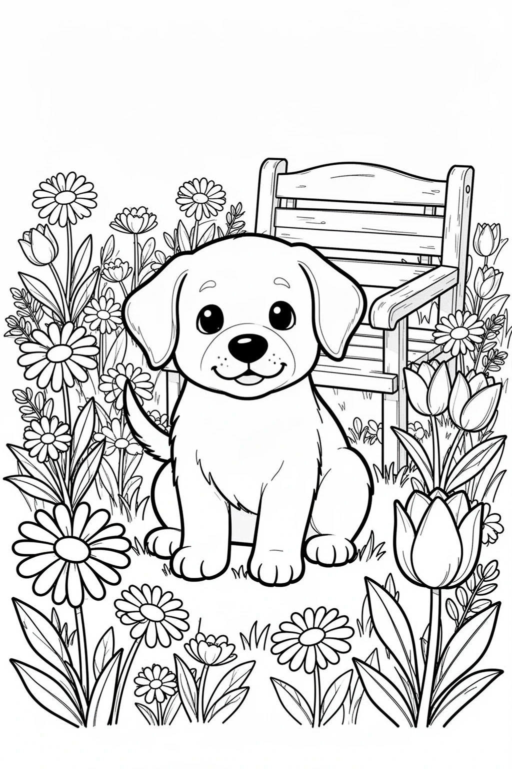 Spring puppy flower garden coloring page with blossoms, leaves, and a sweet playful dog scene.