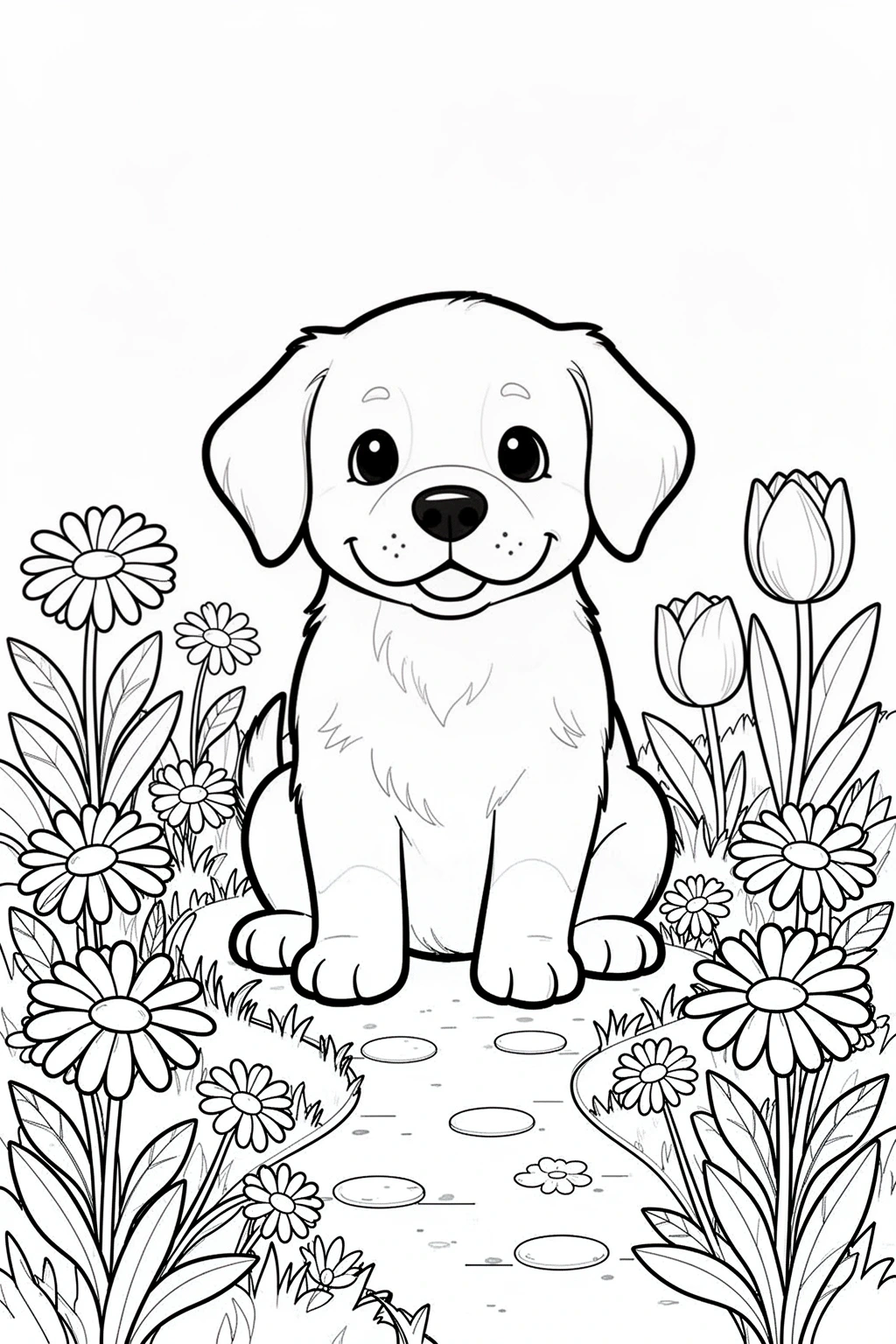 Spring Puppy Flower Garden coloring page Printable PDF.