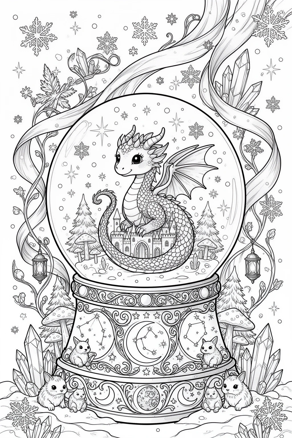 Black and white coloring page of cute dragon sitting inside a snow globe surrounded by snowflakes, crystals, and winter decorations
