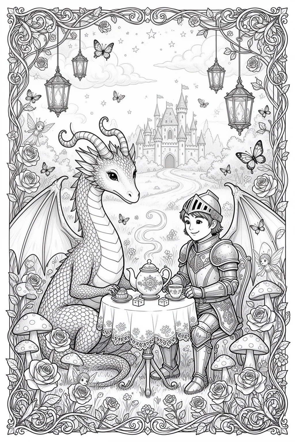 Moonlit Tea with a Dragon coloring page.