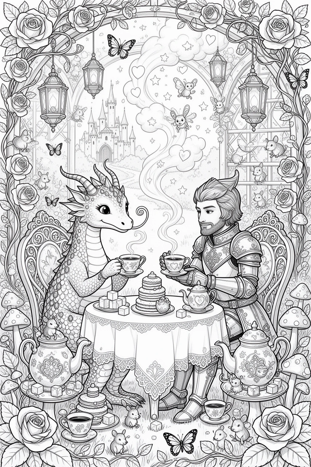 DRAGON TEA coloring page for a Magical Afternoon Feast.
