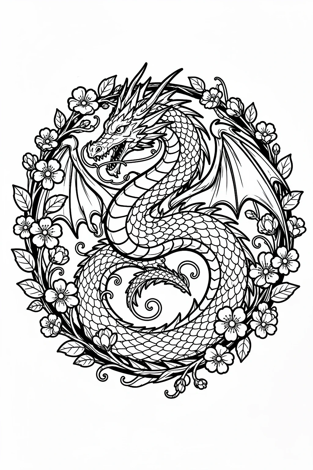 Black-and-white printable dragon emblem coloring page wrapped with flowers and vines.