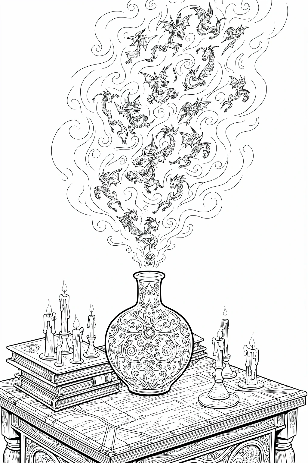 Intricate black-and-white fantasy coloring page showing a decorated vase on a wooden table with candles and stacked books; swirling smoke forms many small dragons. Great detailed coloring page, kids'