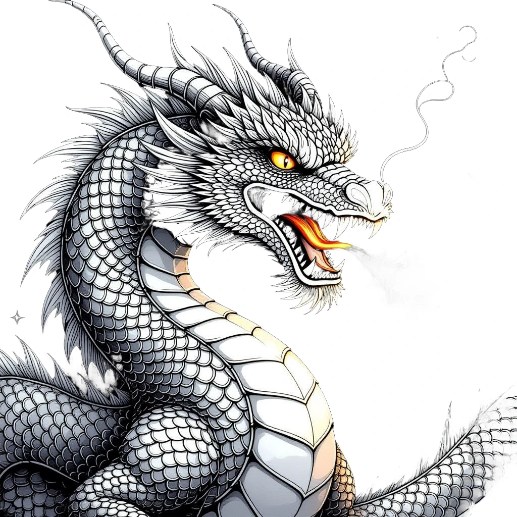 High-contrast silver dragon line art, ideal for detailed coloring page, kids' coloring page, printable coloring page and coloring sheets. Fierce fantasy creature with scales, horns, and flame-tipped