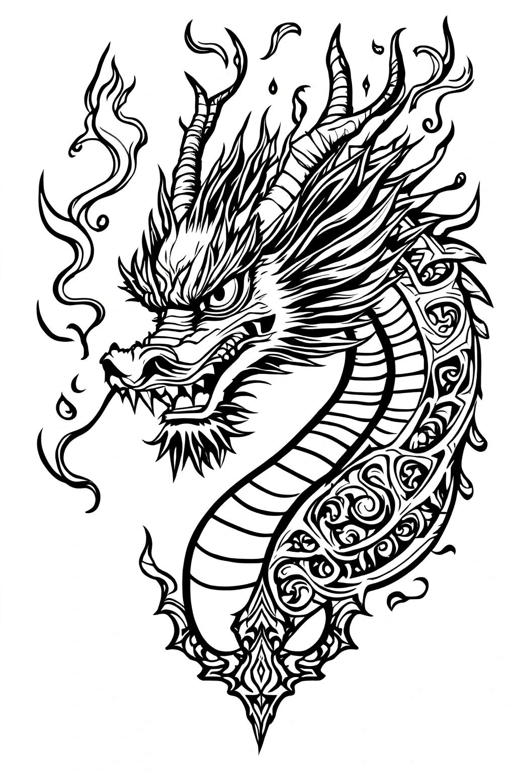 Black and white detailed dragon line art with intricate mandala-style patterns, sharp horns, flowing flames, and bold outlines for kids' coloring page, detailed coloring page, coloring sheets, and a