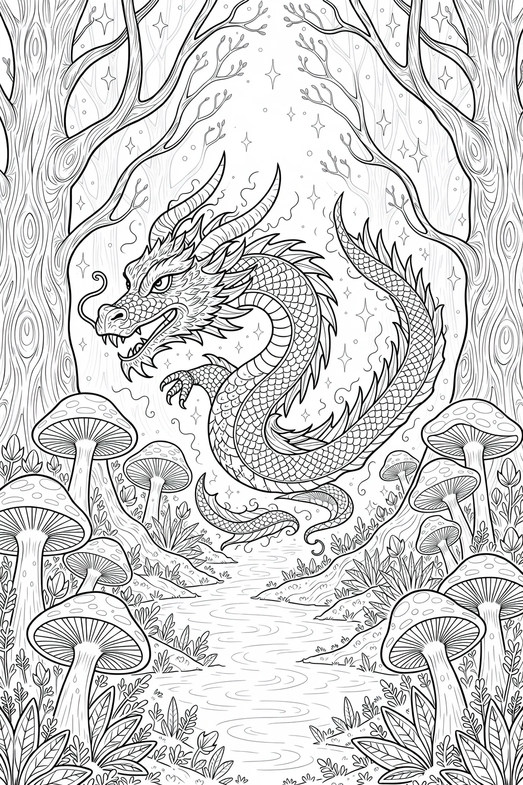Black and white printable coloring page featuring a detailed dragon in an enchanted forest with tall trees and mushrooms; ideal for detailed coloring page, kids' coloring page, and coloring sheets.