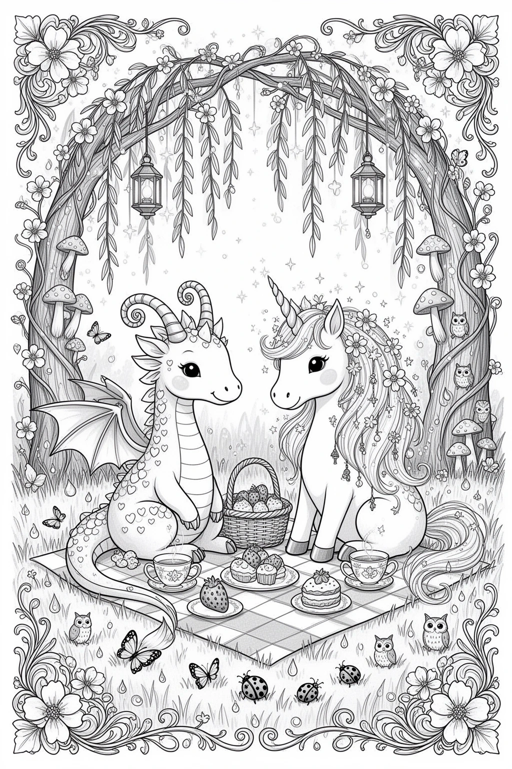A detailed coloring page showing a unicorn and a dragon sitting together on a picnic blanket in a floral woodland scene with tea cups, treats, lanterns, butterflies, and owls.