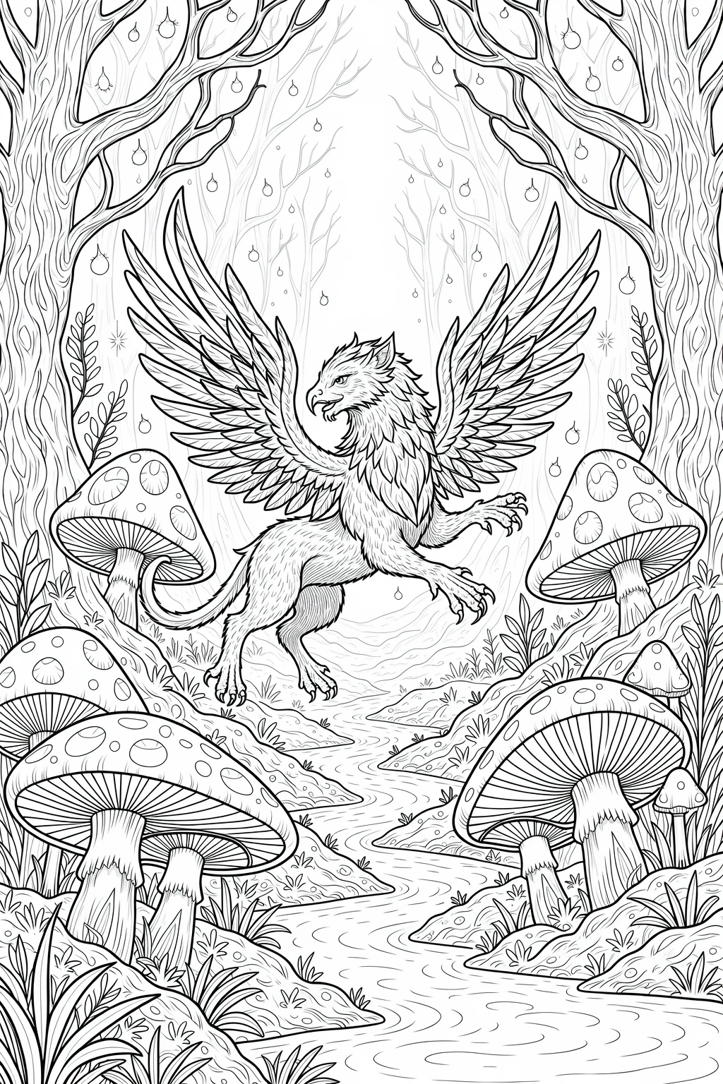 Black and white coloring page of winged griffin standing in a fantasy forest with large mushrooms and a winding stream