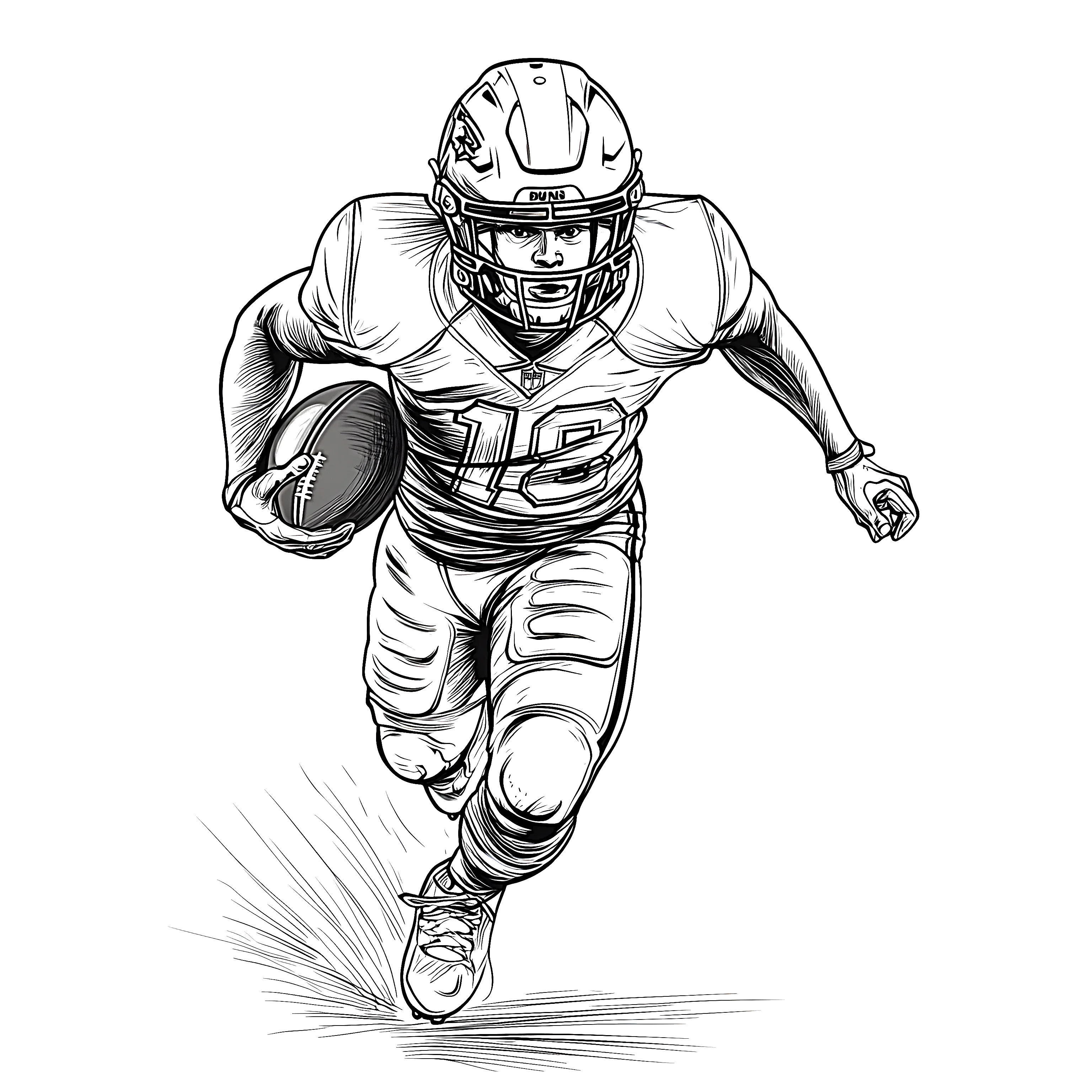An American football player running forward while holding a football, drawn as a black-and-white coloring page.