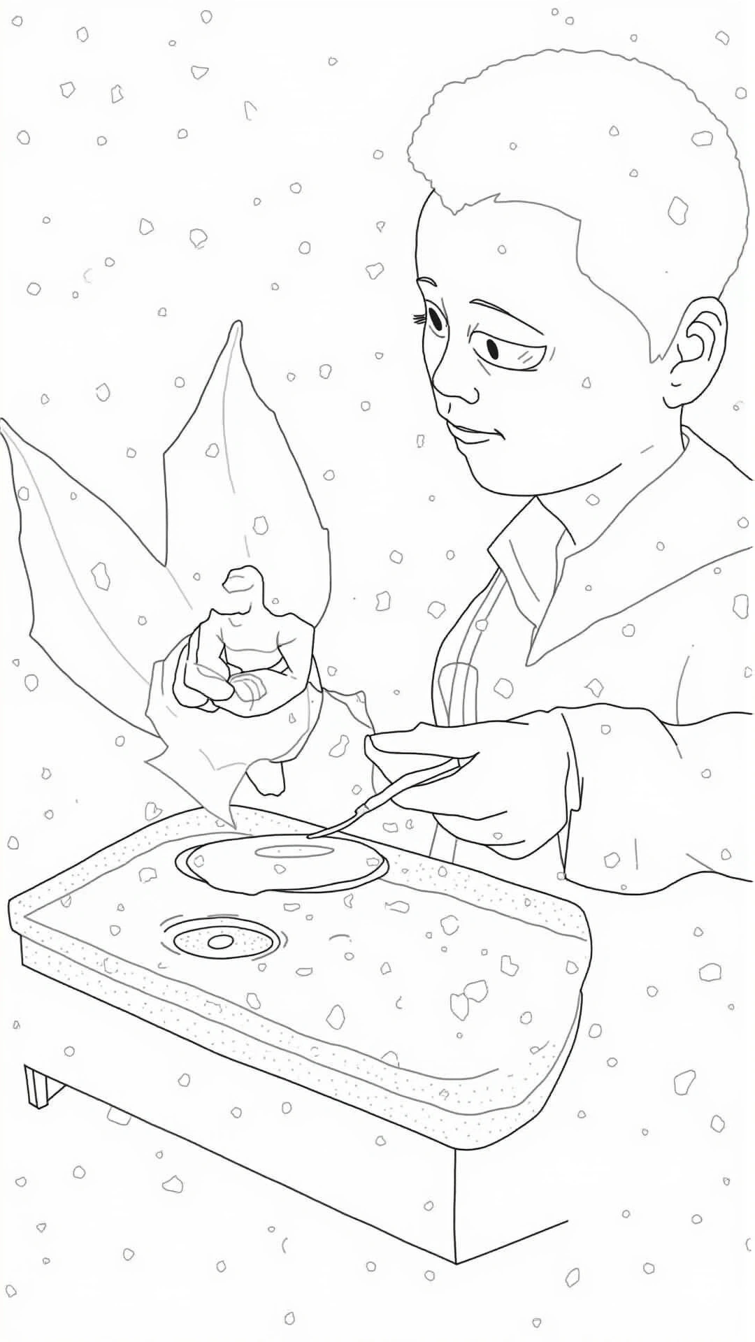 A boy doing a science experiment at a desk with papers floating around him in a line art coloring page.