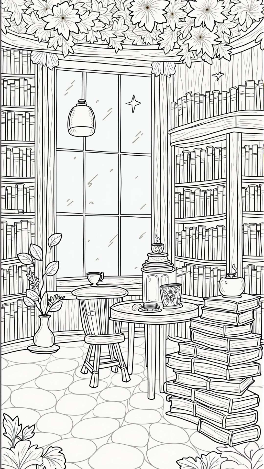 Black-and-white line art of a cozy home library: tall bookcases, window, hanging light, table with teacup, incense, and stacked books, plus plants on the floor. Ideal for detailed coloring page, kids'