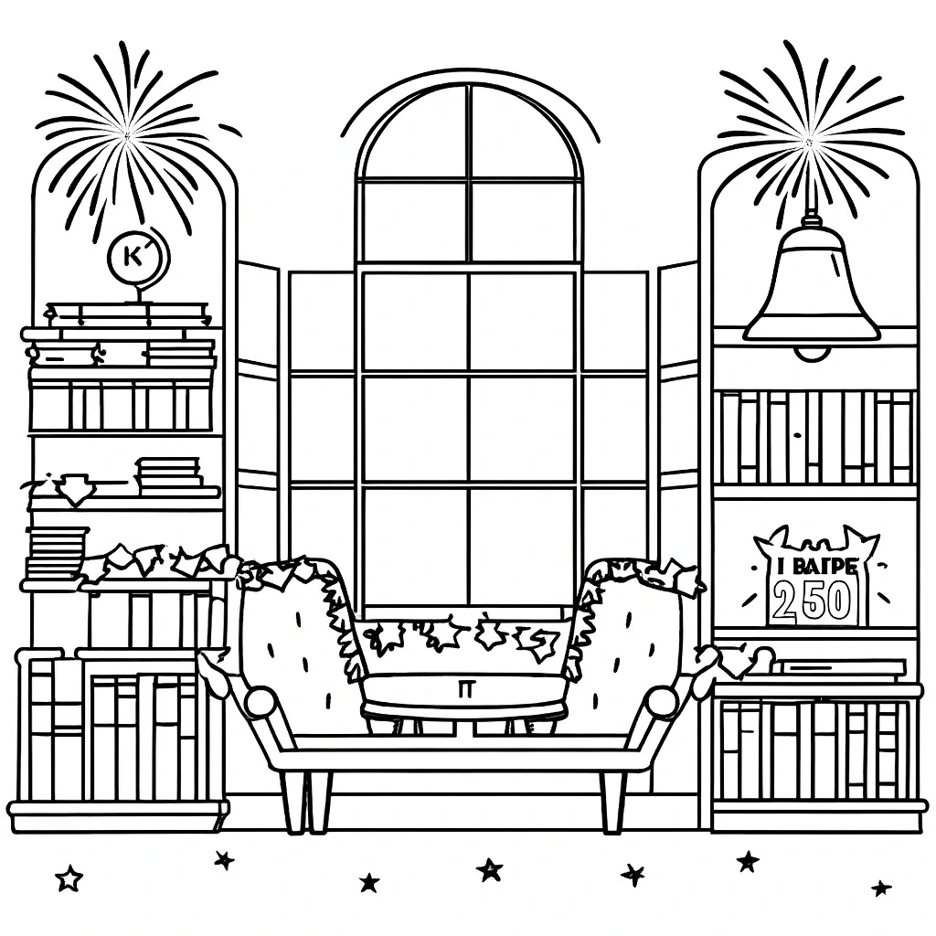 A cozy library reading nook with bookshelves, a large window, a chair, and decorative stars in a black-and-white coloring page.
