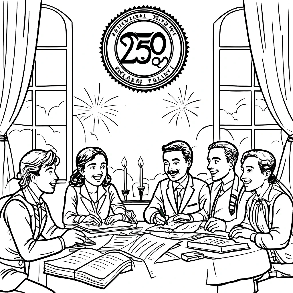 Black and white coloring page of a group of students sitting around a table and celebrating a 250th anniversary with fireworks in the background.