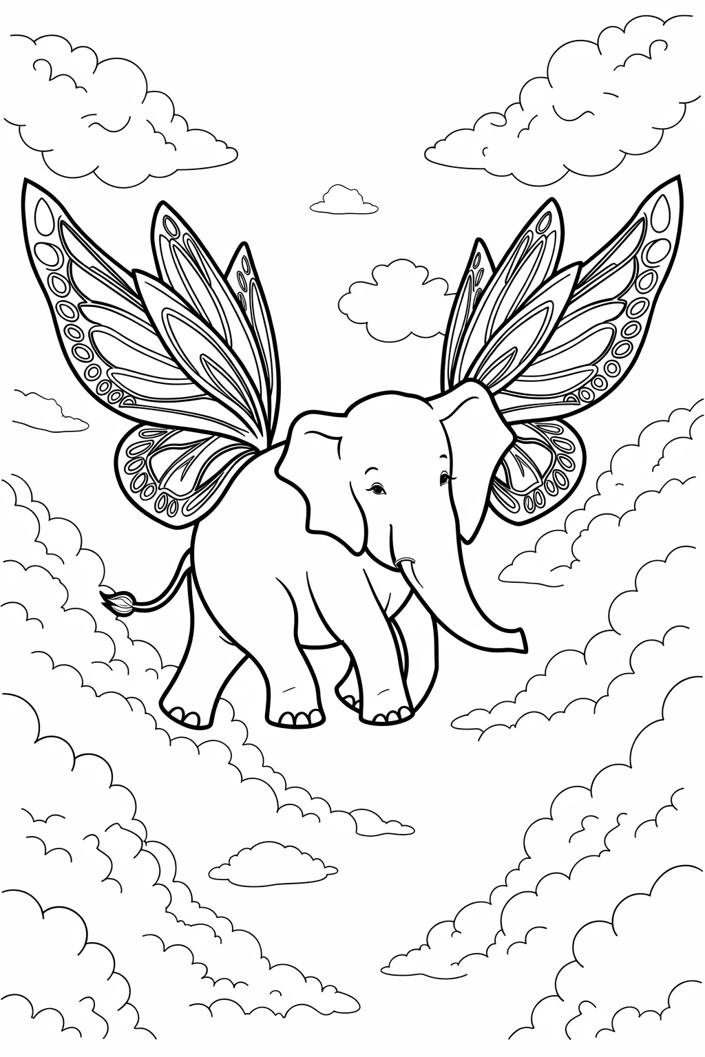 Black and white coloring page of whimsical elephant with large butterfly wings flying among clouds