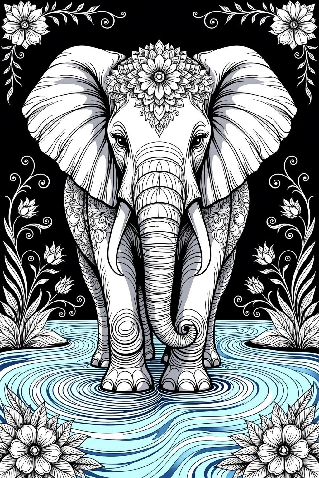 Intricate line-art of a mandala-style elephant with floral borders and rippling blue water on a black background ideal for animal lovers seeking detailed coloring page, kids' coloring page, printable