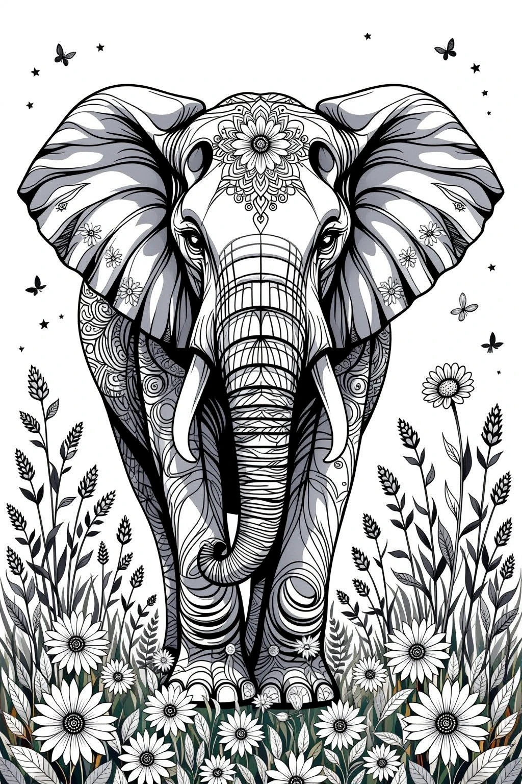 Black-and-white animal illustration of a mandala-style elephant standing in spring flowers; ideal for detailed coloring page, kids' coloring page, printable coloring page collections, and printable