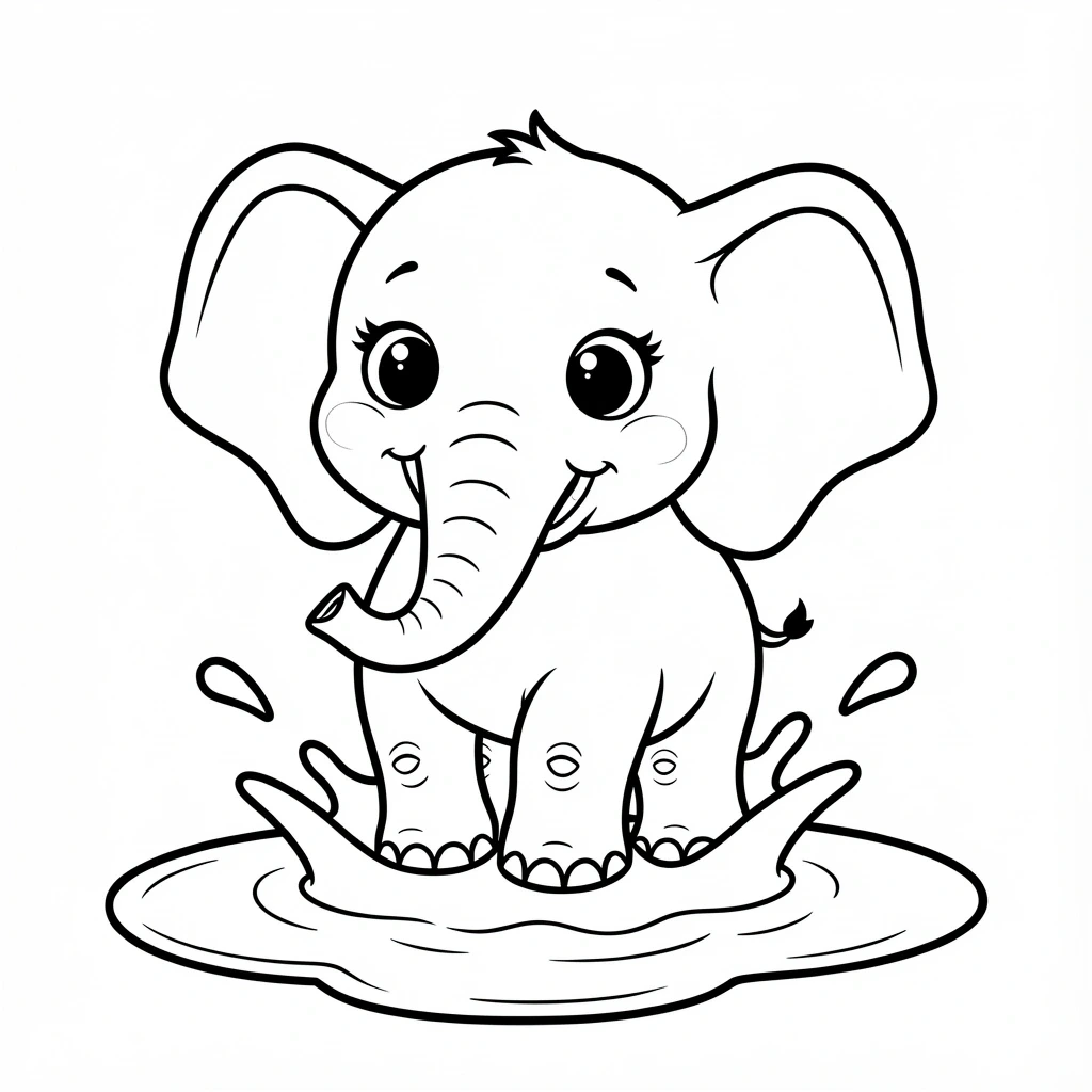 Black-and-white baby elephant coloring page standing in a splash of water printable coloring sheet for kids, part of a printable coloring page set with detailed coloring page, kids' coloring page, and
