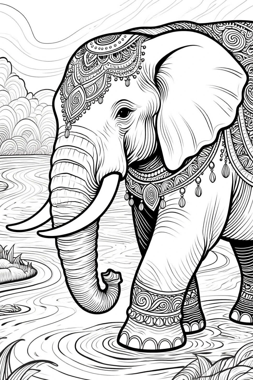Detailed coloring page of a majestic elephant with intricate patterns, perfect for kids' and adult coloring page.
