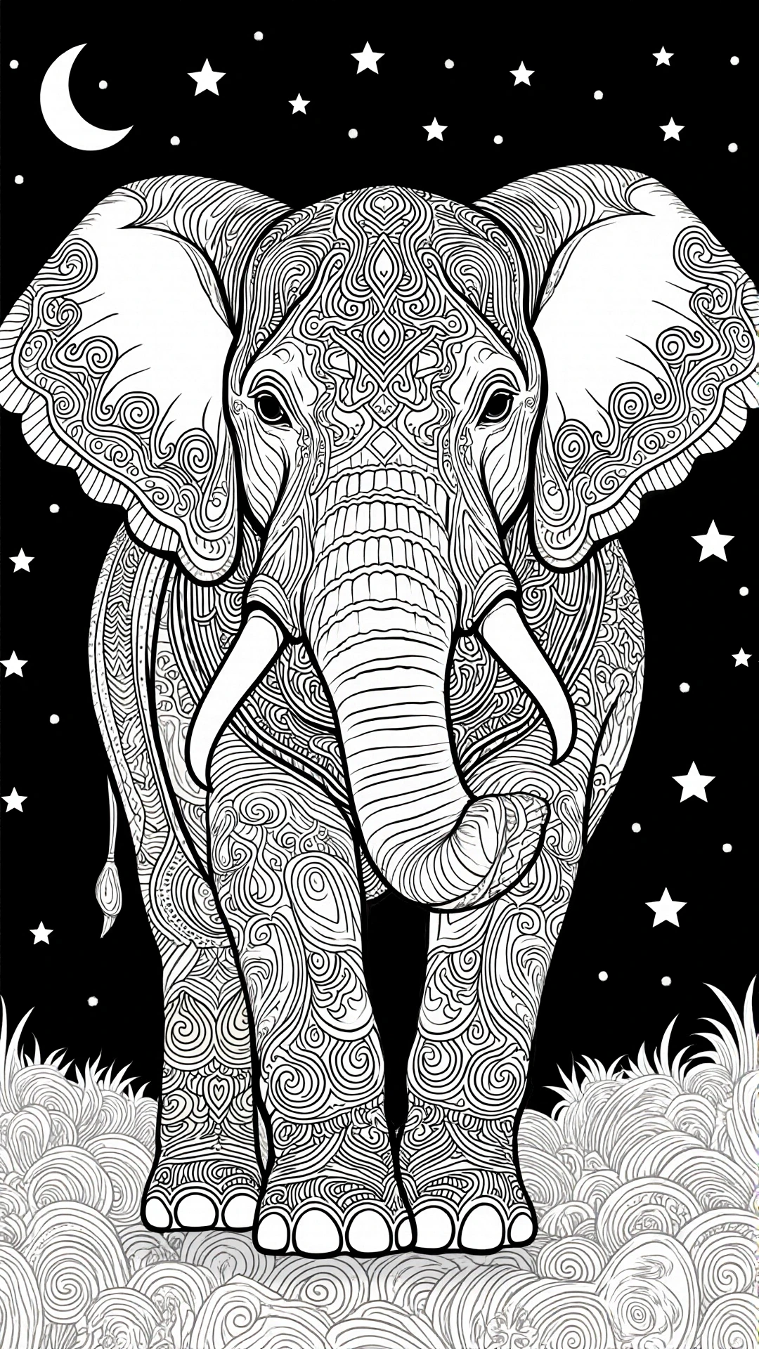 Intricate elephant mandala coloring page at night with moon and stars, detailed coloring page, kids' coloring page, printable coloring page and coloring sheets.