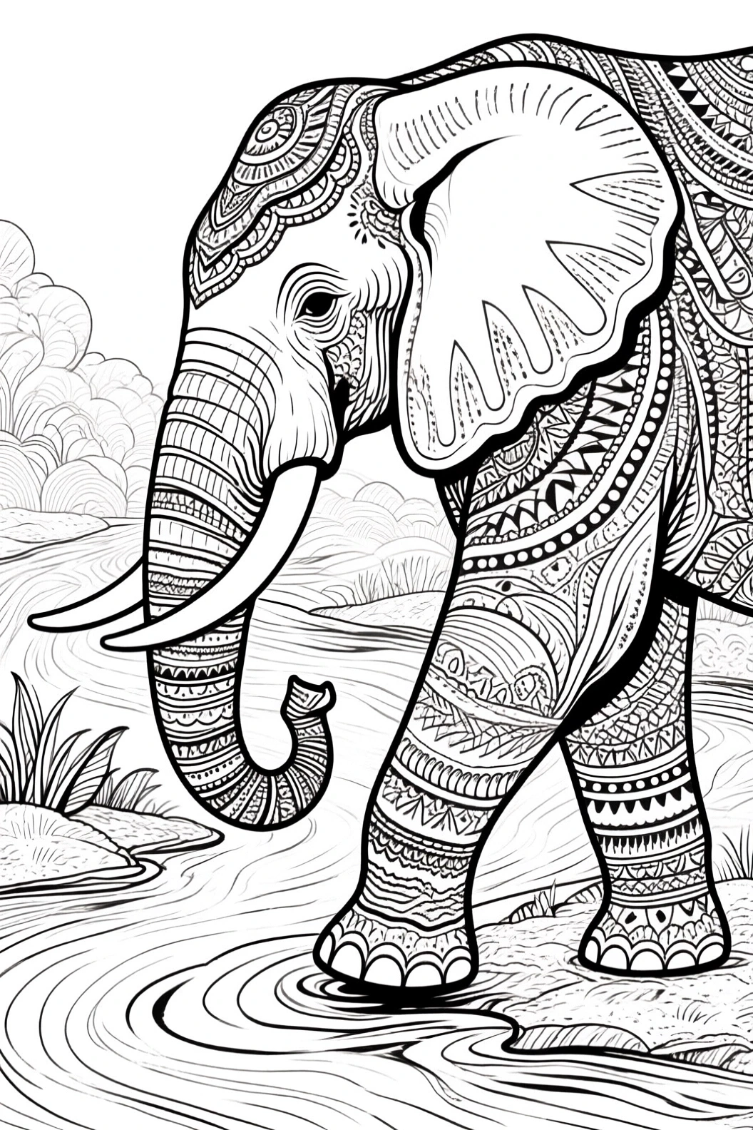 Black-and-white animal coloring page showing a highly detailed mandala elephant walking by a river ideal for detailed coloring page, kids' coloring page, printable coloring page collections, and