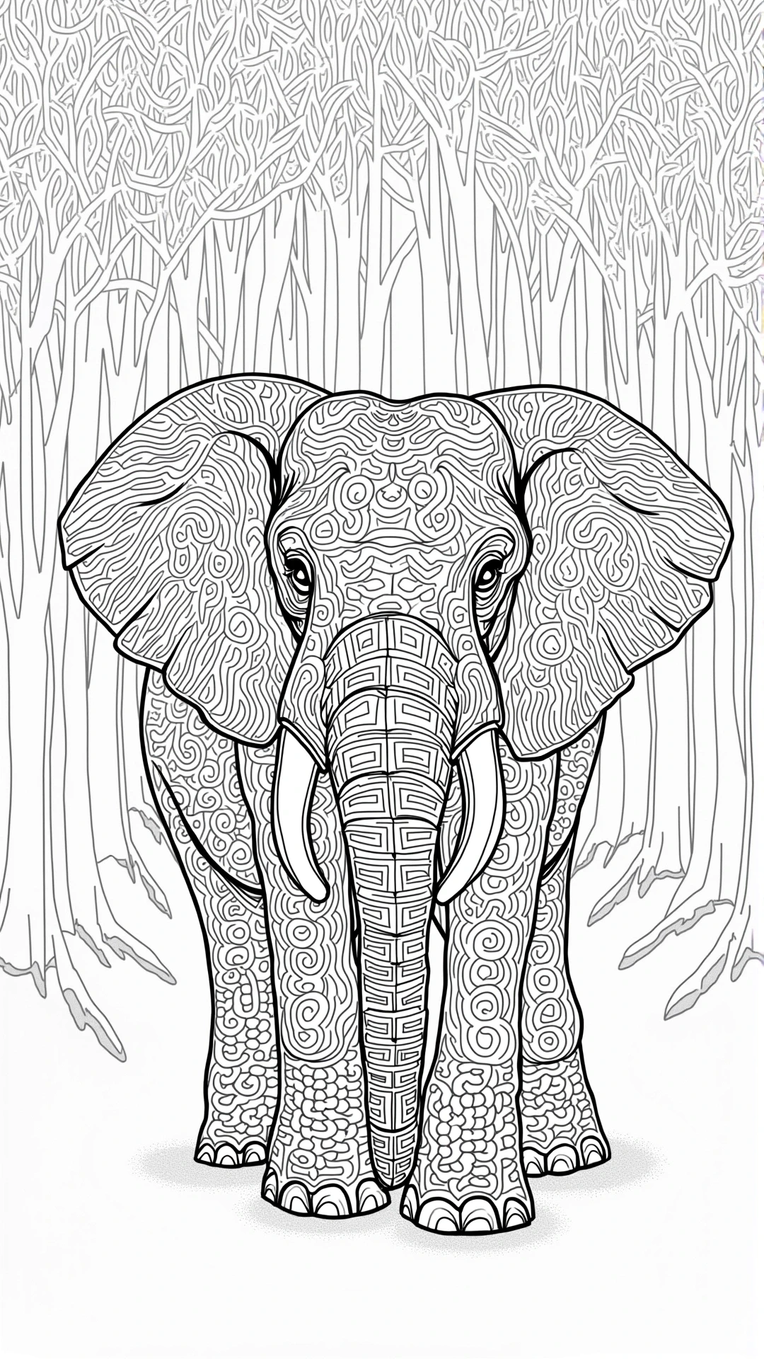 Black-and-white elephant mandala line art: a highly detailed animal coloring page design with intricate patterns perfect as printable coloring page, kids' coloring page and coloring sheets.