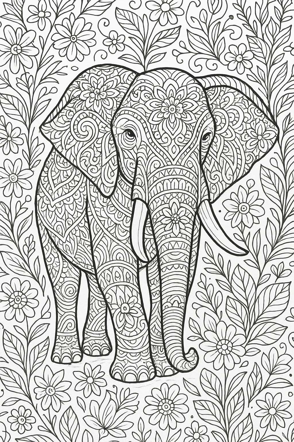 Black and white elephant mandala coloring page with floral patterns detailed coloring page, kids' coloring page, printable coloring page, coloring sheets.
