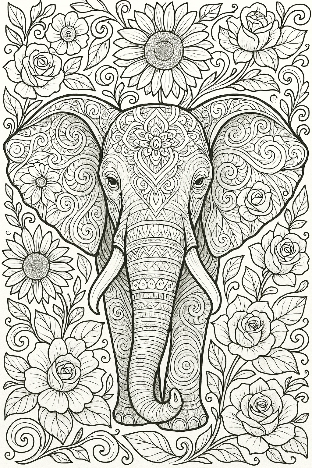Black and cream elephant mandala line art surrounded by flowers detailed coloring page and kids' coloring page style; ready as a printable coloring page or individual coloring sheets.