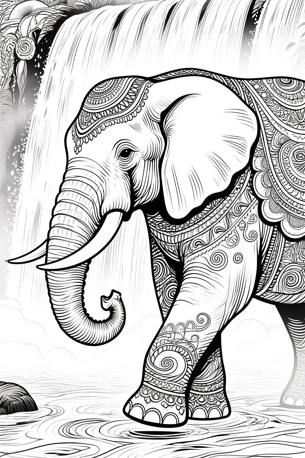Black and white elephant mandala coloring page with intricate patterns detailed coloring page, kids' coloring page, printable coloring page, coloring sheets.