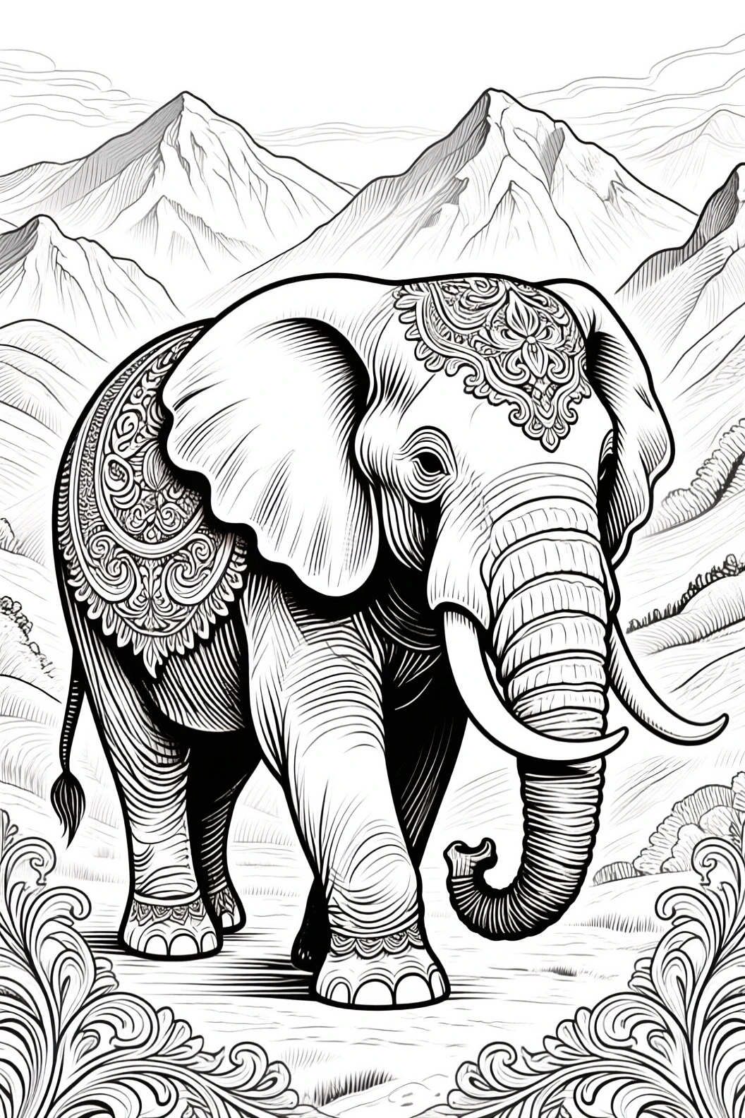 Black-and-white ornate elephant line art with mandala patterns and mountain background detailed coloring page, kids' coloring page, printable coloring page and coloring sheets for animal and mandala
