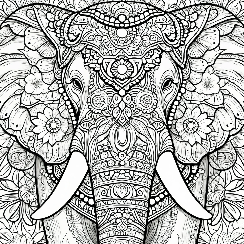 Black and white elephant mandala with intricate floral patterns and detailed line art for detailed coloring page, kids' coloring page, printable coloring page, and coloring sheets; a beautiful animal