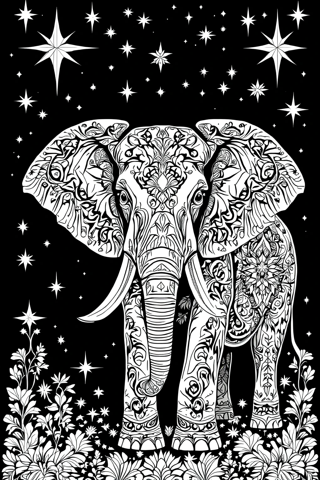Black-and-white ornate elephant mandala coloring page with stars and floral border detailed coloring page, kids' coloring page, printable coloring page and coloring sheets featuring an animal mandala