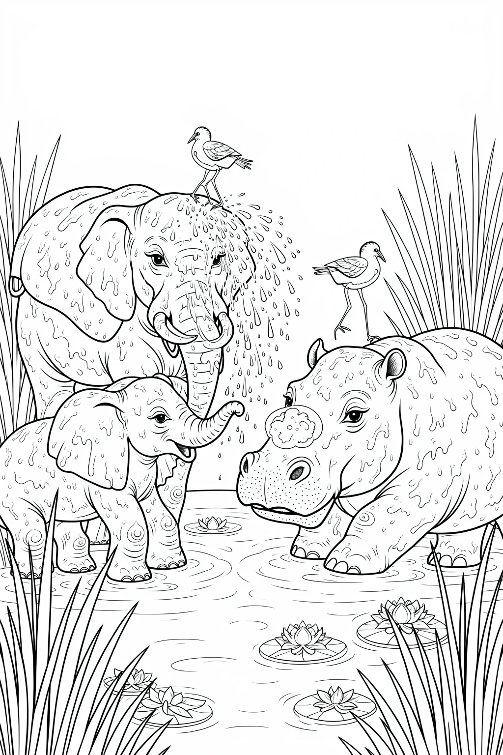 Black-and-white jungle scene coloring sheet with two elephants (adult and baby), a hippopotamus in a pond surrounded by water lilies and reeds, and small birds perched on the animals. Designed as