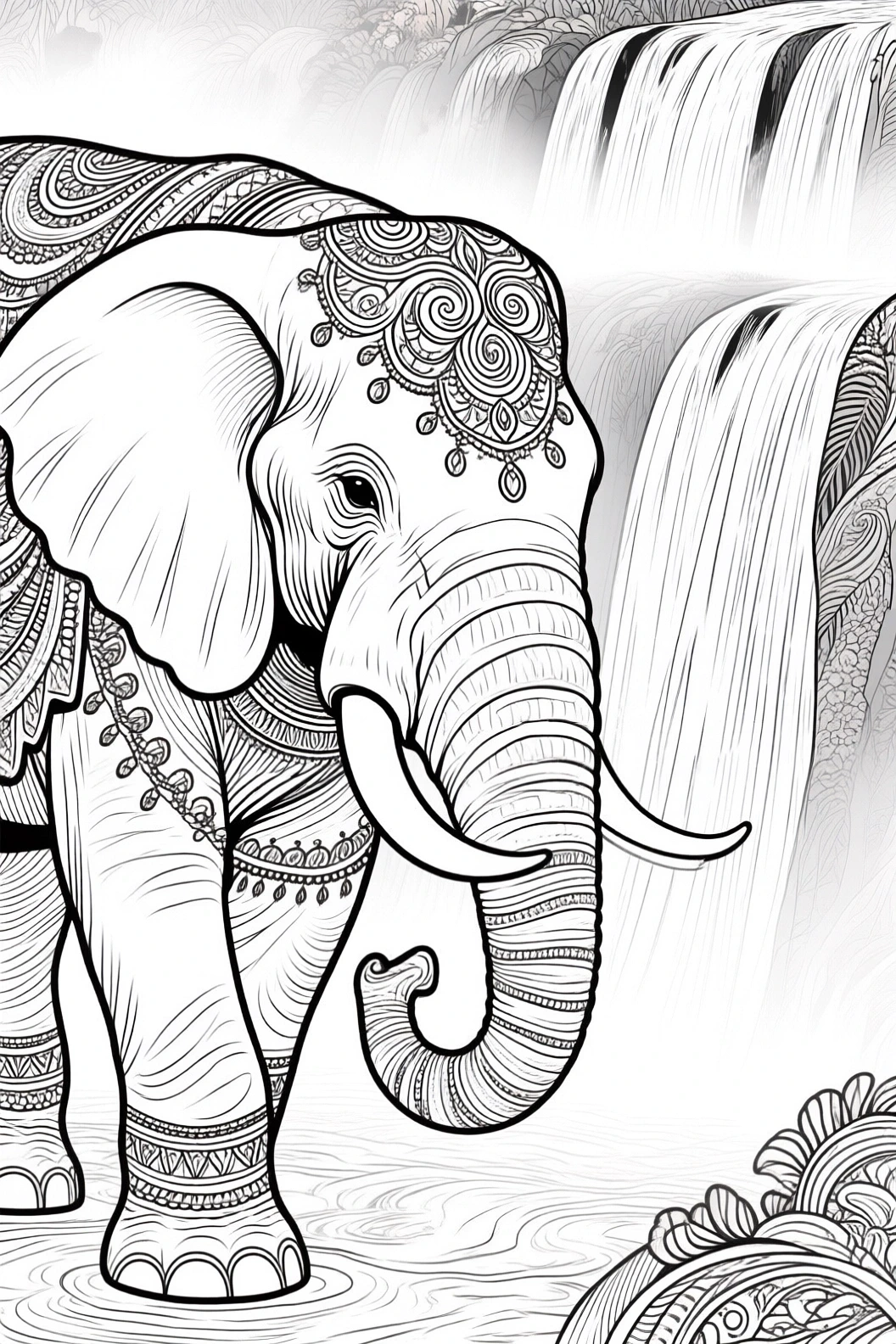 Mandala-decorated elephant by a waterfall, intricate line art one of our detailed coloring page for a printable coloring page; an animal design great for kids' coloring page and adult coloring sheets.